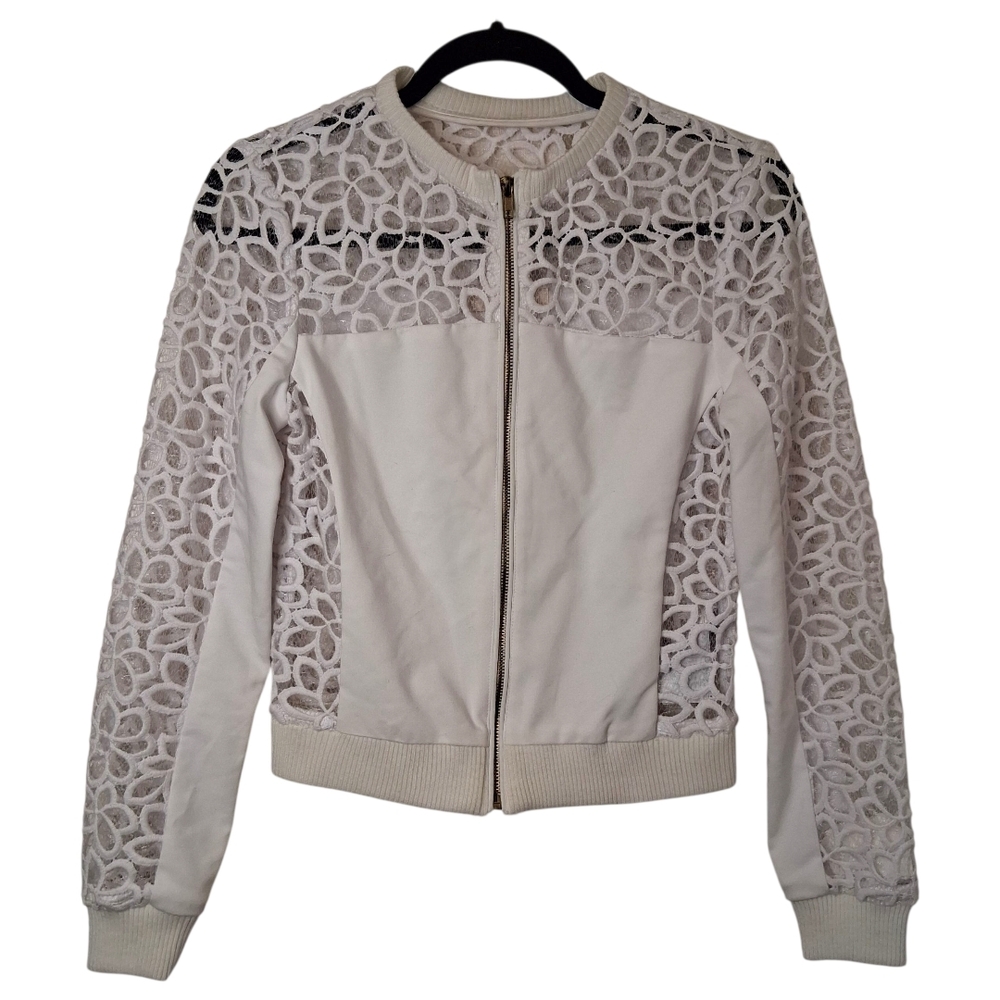 GUESS White Floral Laser Cut Lace Bomber Jacket XS